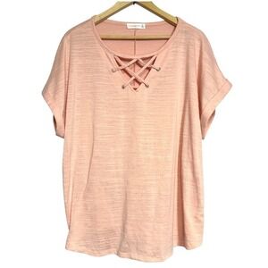 Retrology Pullover Top Womens Lace Up Neckline 2X Baby Pink Short Sleeve Sparkly